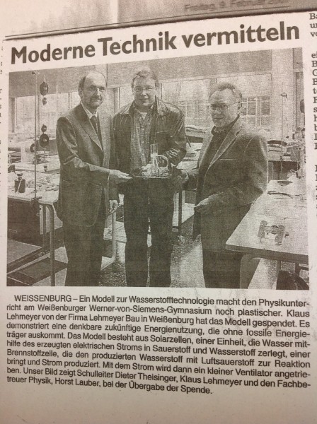Spende Wasserstoffmodel an das Gymnasium Weißenburg Spende Wasserstoffmodel an das Gymnasium Weißenburg